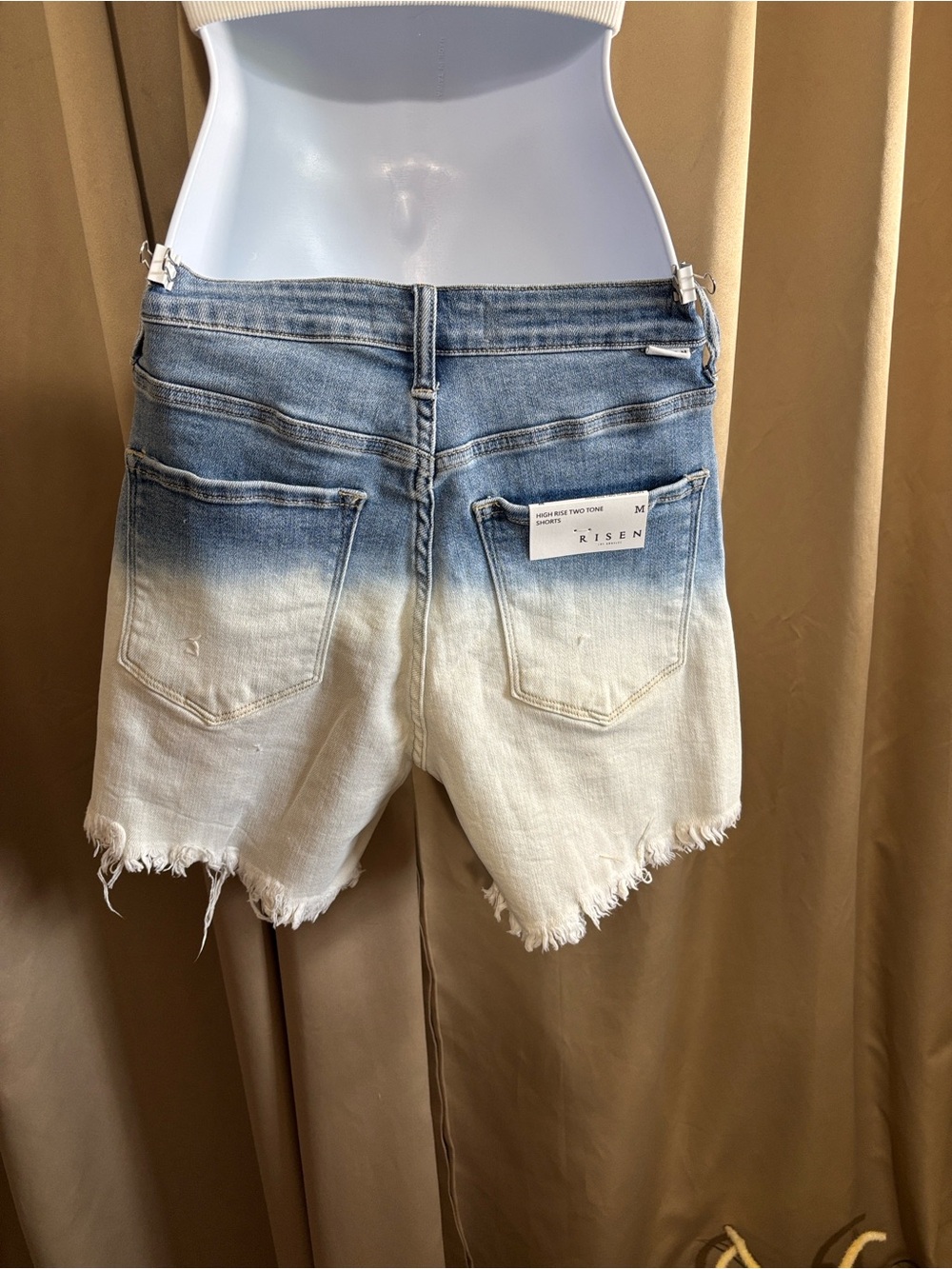 Risen Jeans High-Rise Ombre Denim Cutoff Shorts in Blue and White - Picture 3 of 4